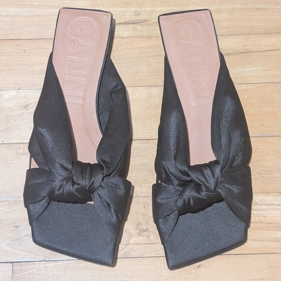 Ganni | Soft Knot Mule Sandals In Black Satin - Picture 3 of 12